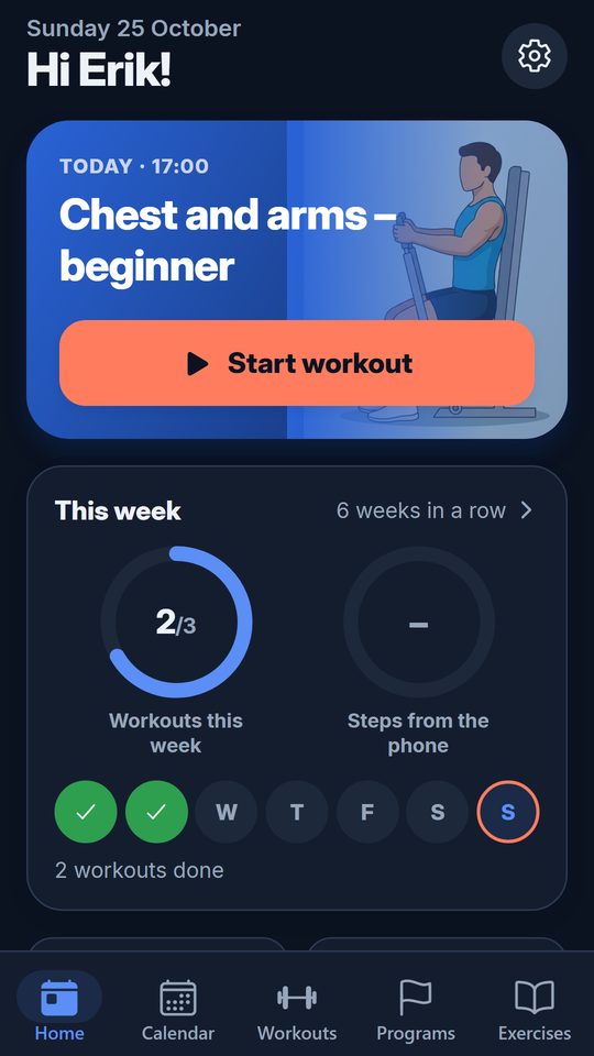 The Home screen in Passboken: today's workout and the week