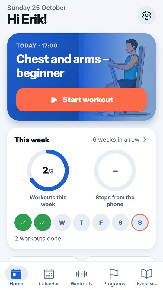 The Home screen in Passboken: today's workout and the week
