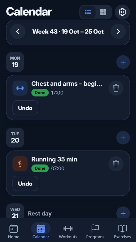 The calendar with this week's workouts