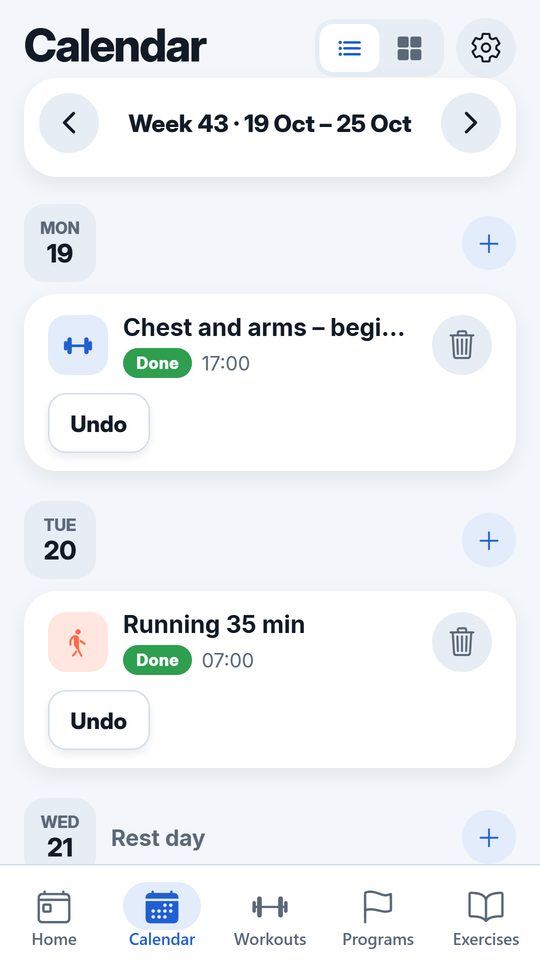 The calendar with this week's workouts