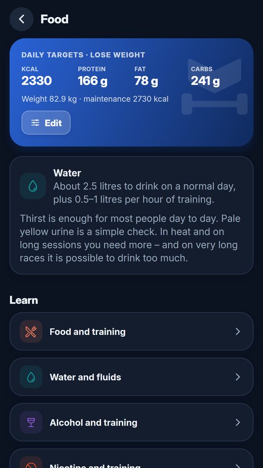 Nutrition: daily targets and water