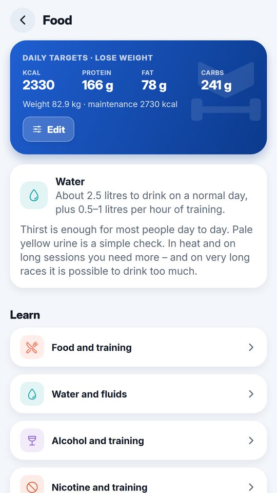 Nutrition: daily targets and water