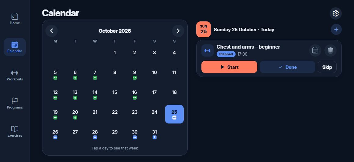 The calendar in the browser: the month on the left and the selected day on the right
